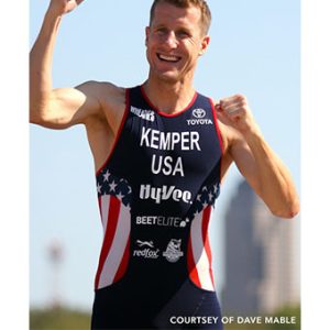 Hunter Kemper wearing American uniform while competing in the Triathlon